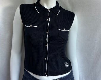 vintage 90s VERSACE ribbed top. collared button up knit shirt