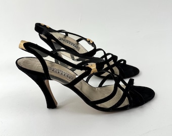 Zapatos de tacón de ante Gianfranco Ferre vintage de los años 80 con tiras negras, talla 39 EUR