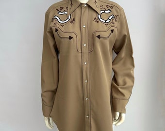 Vintage 60s H Bar C Western Gabardine Shirt, Horseshoe Embroidery