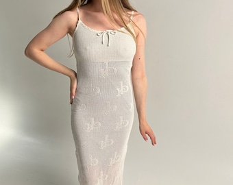 Vintage 90s Roccobarocco Crochet Maxi Dress and Jacket, White Knit Tank Gown