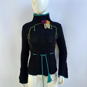 Y2k Vintage Fornarina Knit Sweater, Crochet Turtleneck Sweater Flared Sleeves