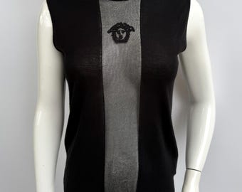 Vintage 90s Versace Knit Vest, Black Sheer Top Medusa Gorgon Embroidery