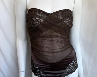 90s Vintage La Perla Brown Bodysuit, Mesh Lace Lingerie Deadstock With Box