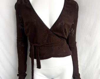 Vintage 90s Dolce Gabbana Wrap Top, Brown Lace Long Sleeve Blouse