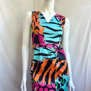 y2k vintage MOSCHINO Patchwork Kleid. mehrfarbiges Tank-Kleid mit Tierfell-Print