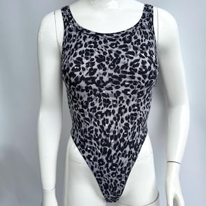 Vintage 90s Black Leopard Bodysuit Anti Flirt, Gray Tank Leotard, Size Small