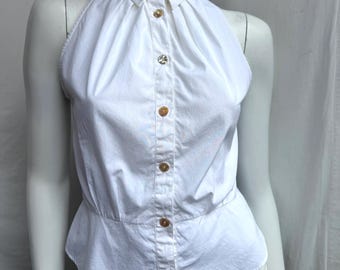 Vintage 80s Kenzo White Blouse, Cotton Sleeveless Shirt
