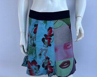 Y2k Vintage Custo Barcelona Face Print Skirt, Abstract Midi Skirt