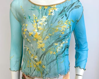 Y2k Vintage Floral Mesh Top Angelo Marani, Blue Long Sleeve Blouse