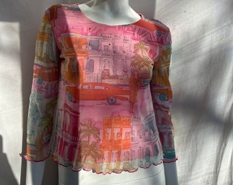 Top in rete rosa vintage Y2K SUZANNA PARIS. Blusa trasparente con stampa Miami Vibe