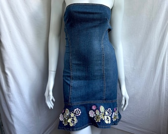 Y2k Vintage Versace Bustier Denim Kleid, Kleid mit Blumenstickerei