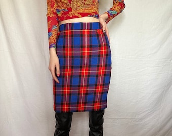 vintage 80s ESCADA wool plaid skirt. red and blue tartan pencil midi skirt