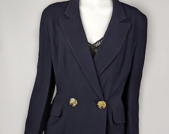 vintage 90s MOSCHINO dark blue blazer. gold clover buttons jacket