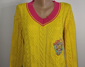 vintage 80s ESCADA yellow sweater with embroidery. v-neck pullover