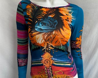 y2k vintage HYBRIS multiprint top. multicolor abstract blouse