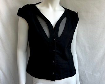 vintage 80s THIERRY MUGLER linen top. button up cropped jacket