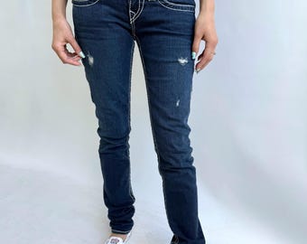 Y2Kヴィンテージ トゥルーレリジョン デニムジーンズ、スキニーネイビーパンツ、ローライズストレッチジーンズ