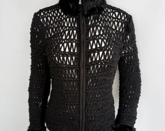 Y2k Vintage Versace Knit Sweater, Black Crochet Zip Top with Fur