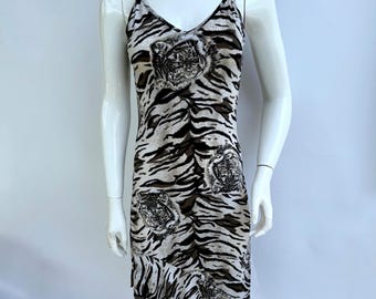 Y2k Vintage Black Tiger Slip Dress, Animal Print Nightgown Spaghetti Straps