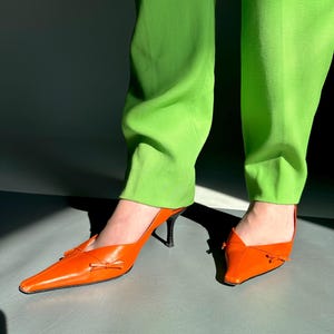 Y2k Vintage Moschino Orange Leather Sandal Heels, Slingback Kitten Heels Size 38.5