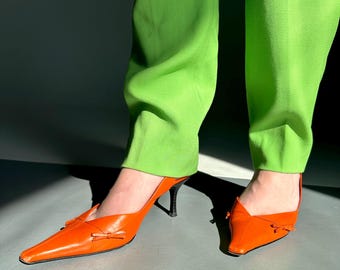 Y2k Vintage Moschino Orange Leder Sandal Heels, Slingback Kitten Heels Größe 38.5