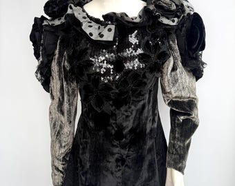 Vintage 80s Black Velvet Roses Blazer, Dramatic Ruffled Jacket
