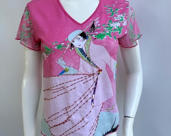 Y2k Vintage Moschino Red Tank Top, Japanese Woman Geisha Print Top