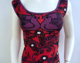 Y2k Vintage Custo Barcelona Red Top, Pigeons Flower Print Tank Top