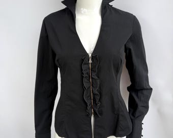 Y2k Vintage Versace Black Blouse, Ruffle Zipper Shirt