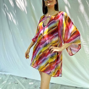 Y2k Vintage La Perla Mesh Beach Dress, Multicolor Striped Tunic, Summer Sheer Gown