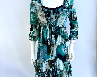 Y2k Vintage Blue Mesh Kleid und Bluse Animal Print, Rüschen Tank Kleid