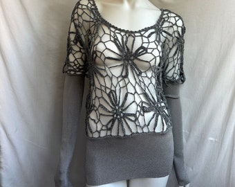 Y2k Vintage Gianfranco Ferre Crochet Sweater, Silver Flower Lace Top, Knitted Long Sleeve Top
