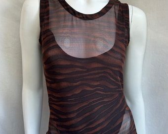 Y2k Vintage La Perla Tiger Print Bodysuit, Brown Mesh Striped Bodysuit
