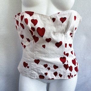 y2k vintage MOSCHINO heart print corset. beige and red bustier top. plus size