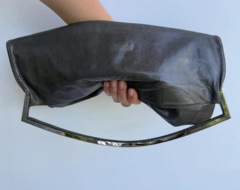 Vintage 70s Cesare Piccini Gray Leather Clutchi, Oversized Foldover Evening Purse