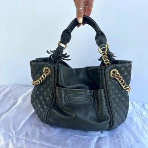 Y2k Vintage Juicy Couture Leather Handbag, Grey Quilted Shoulder Bag, Gold Chain Details, Big Size Bag