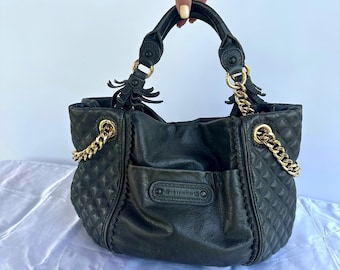 Y2k Vintage Juicy Couture Leather Handbag, Grey Quilted Shoulder Bag, Gold Chain Details, Big Size Bag