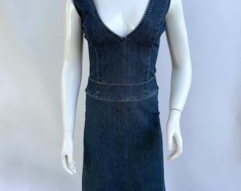 Y2k Vintage Versace Tank Denim Kleid, Bodycon Darkwash Navy Kleid