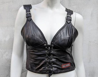 y2k vintage Harley Davidson leather corset. ladies biker corset. lace up strap bustier