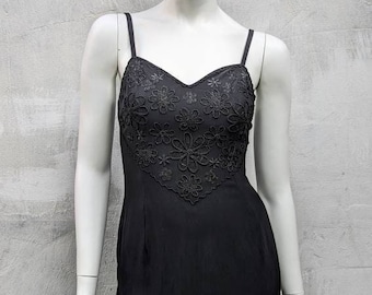 Vintage 90s FENDI Black Dress | Mini Dress Spaghetti Straps Floral Application