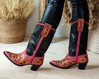 y2k vintage BLUMARINE cowboy boots. leather сowgirl boots. western heeled boots with floral inlays. spring 2002s. size 37EU