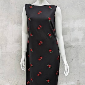 Y2k Vintage Escada Wool Black Tank Dress, Red Floral Roses Embroidery