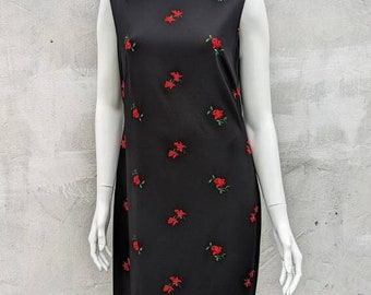 Y2k Vintage Escada Wool Black Tank Dress, Red Floral Roses Embroidery