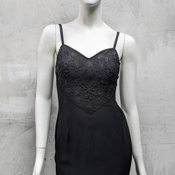 Vintage 90s FENDI Black Dress | Mini Dress Spaghetti Straps Floral Application