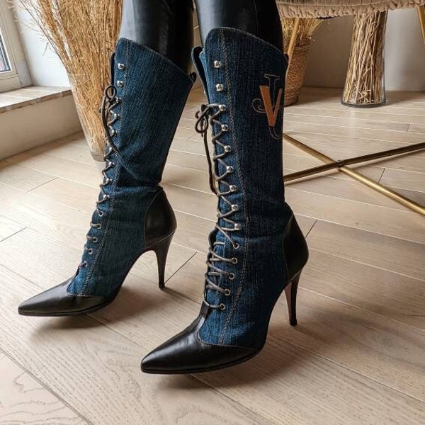 y2k vintage VERSACE denim heeled boots with lace up. Versace Jeans Couture size 36