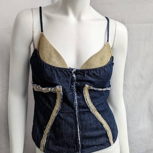 vintage 90s JUST CAVALLI denim corset. gold metallic bustier. size s-m