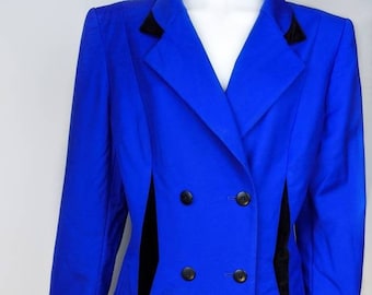 vintage 90s ESCADA blue suit set. wool skirt and jacket costume