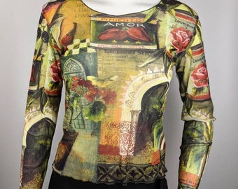 Vintage 90s Aventure Des Toiles Mesh Top, Long Sleeve Abstract