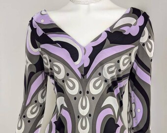 Vintage 90s EMILIO PUCCI Abstract Top. V-neck Floral Blouse Long