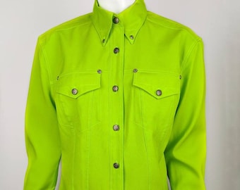 vintage 90s VERSACE neon green shirt. Versace Jeans couture collared blouse. gorgon medusa metal buttons